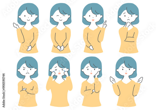 シンプルな女性イラスト　セット　表情バリエーション