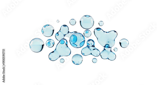 Abstract Blue Fluid Droplets and Bubbles on White Background
