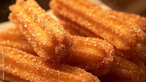 Extreme Close-Up of Traditional Spanish Churros Covered in Sparkling Granulated Sugar. Freshly Fried Golden Brown Sweet Dessert Snack Macro Shot.
