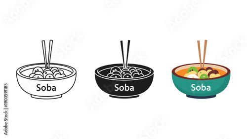 Three bowls of soba noodles with different designs Vector