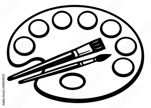 Line art illustration of an artist's palette depicting paintbrushes for art and creativity