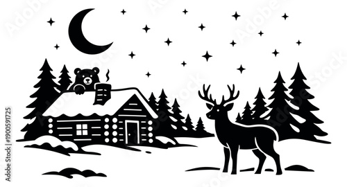 Silhouette illustration of a winter landscape depicting a cozy cabin, a bear, and a deer for seasonal greetings