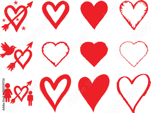 Hand Drawn Red Heart Elements  Arrow, Bird, Couple, and Textured Designs EPS File