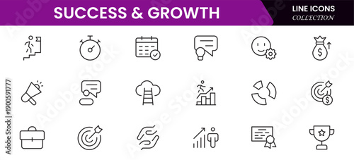 Success and growth web icons inline style. Handshake, growth profit, innovation, increase sale, coaching, progress, strategy, achievement, collection. Vector illustration.