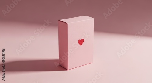 A white box with a red heart on its front stands on a pink surface, illuminated by a light source from the side.