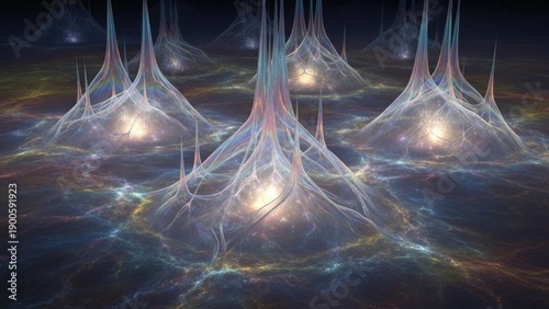 Futuristic glowing web-like structures illuminated across the cosmic landscape with radiant