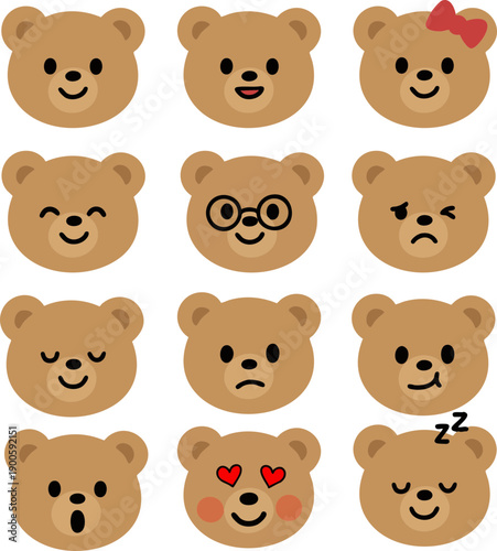 Cute Teddy Bear Emoji Faces with Various Facial Expressions