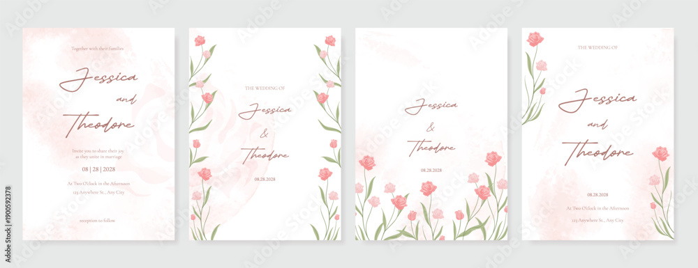 Naklejka premium Summer Flower Wedding Invitation set, floral invite thank you, rsvp modern card Design in pink leaf greenery branches with water color texture background. 