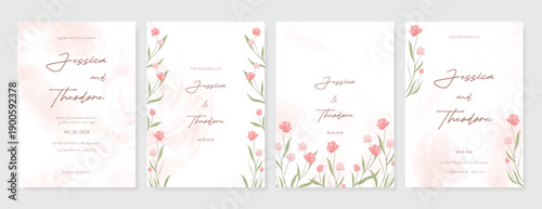 Summer Flower Wedding Invitation set, floral invite thank you, rsvp modern card Design in pink leaf greenery  branches with water color texture background. 
