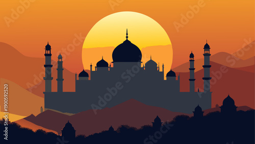 Silhouette of mosque at sunset with crescent moon