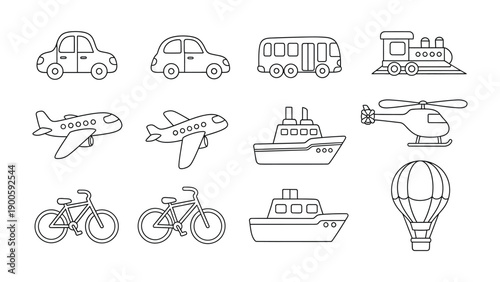 Collection of Transport Illustrations: A detailed monochrome collection of transport vehicles, perfect for educational resources, design projects, or thematic presentations.