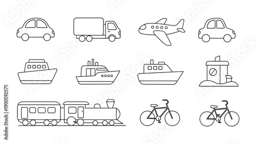 Diverse Transportation Collection: This illustration presents a variety of vehicles for land, sea, and air travel, offering a comprehensive look at various transportation modes.