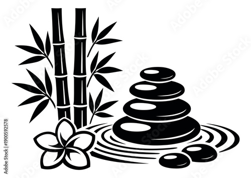 Graphic spa elements set featuring bamboo stalks, balanced zen stones, and a plumeria flower for wellness and relaxation designs
