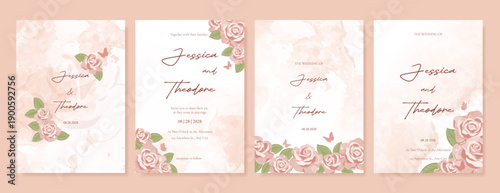 Summer Flower Wedding Invitation set, floral invite thank you, rsvp modern card Design in pink leaf greenery  branches with water color texture background. 