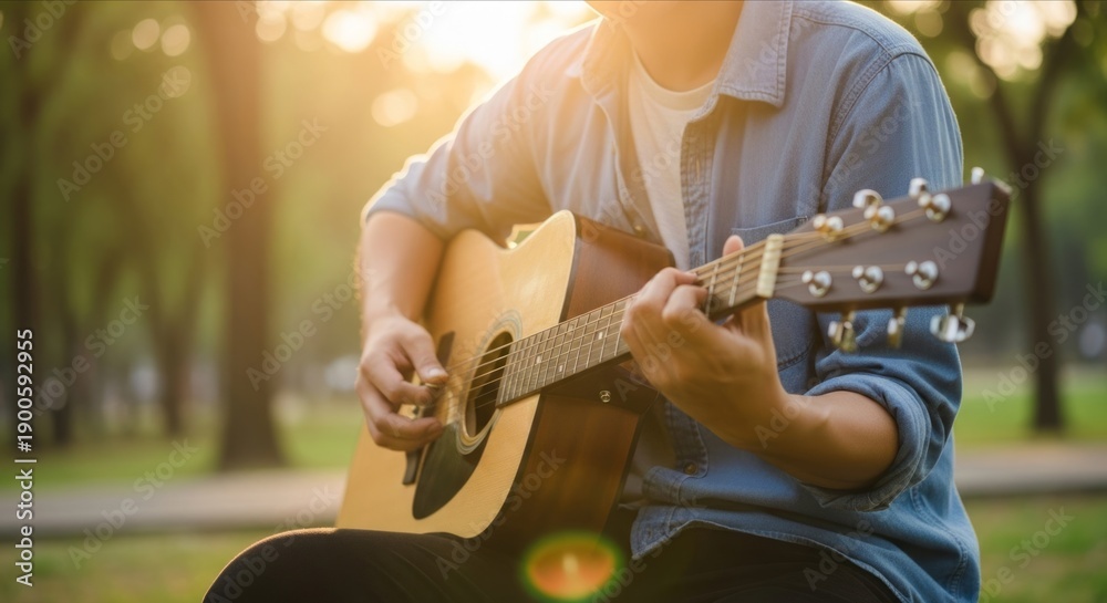 Obraz premium Man plays acoustic guitar outdoors during sunset with lens flare effect