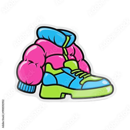 Vibrant cartoon puffer jacket and sneaker for streetwear fashion and graphic design, isolated on white background