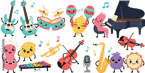 Cute Kawaii Musical Instruments Illustration Set with Smiling Characters Playing Guitar, Piano, Drums, Violin, Saxophone for Fun Music Designs