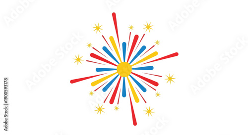 A colorful firework design with red, blue, and yellow streaks and sparks on a white background with a celebratory mood.