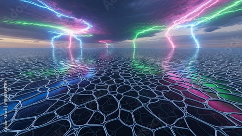 Futuristic Hexagonal Surface with Vibrant Lightning Bolts Over a Digital Landscape