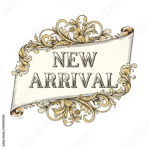Vintage ornate scroll banner with New Arrival text for retail promotion and announcement, isolated on white background