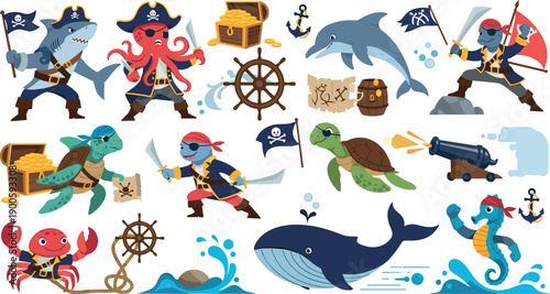 Cute Kawaii Pirate Sea Animals Illustration Set with Shark, Octopus, Whale, Turtle, Crab, Treasure Chests, Cannons, and Nautical Adventure Characters