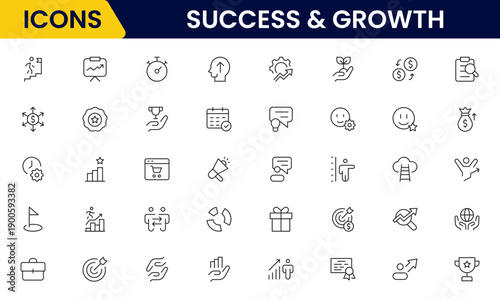 Success and growth web icons inline style. Handshake, growth profit, innovation, increase sale, coaching, progress, strategy, achievement, collection. Vector illustration.