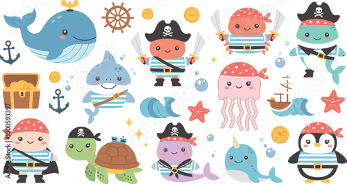 Cute Kawaii Pirate Sea Animals Illustration Set with Shark, Whale, Turtle, Octopus, Treasure, Anchor, and Nautical Adventure Characters