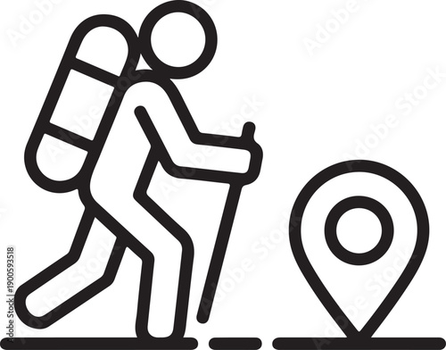 A hiker with a backpack and trekking poles standing next to a location pin.