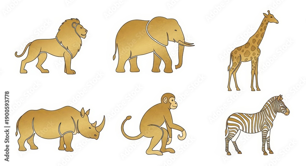 Fototapeta premium Collection of stylized, golden-toned large wild animals isolated on a white background