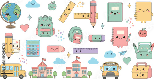 Cute Kawaii School Supplies and Classroom Illustration Set with Backpack, Bus, Calculator, and Stationery for Kids Educational Designs