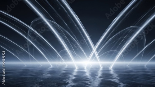 futuristic high-speed data transfer visualization with glowing light trails over reflective water