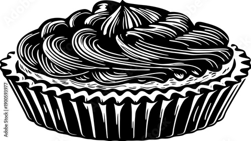 A high-angle view of a decorative cupcake with intricate frosting and a ridged wrapper