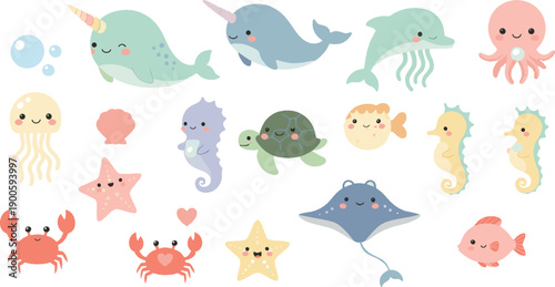 Cute Kawaii Sea Creatures Illustration Set with Narwhal, Dolphin, Turtle, Seahorse, Jellyfish, Crab, Starfish, and Smiling Ocean Animals