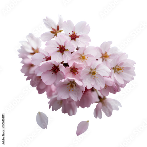Pink Cherry Blossom Flowers with Falling Petals Isolated on White Background