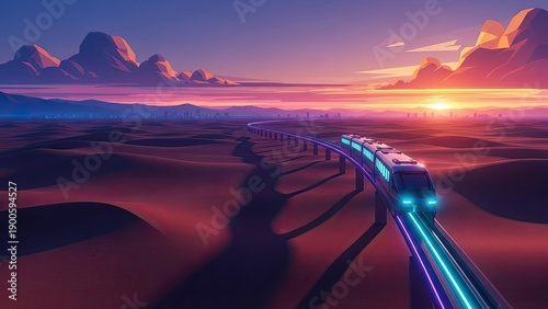 futuristic high-speed train traveling through a colorful desert landscape at sunset with dramatic