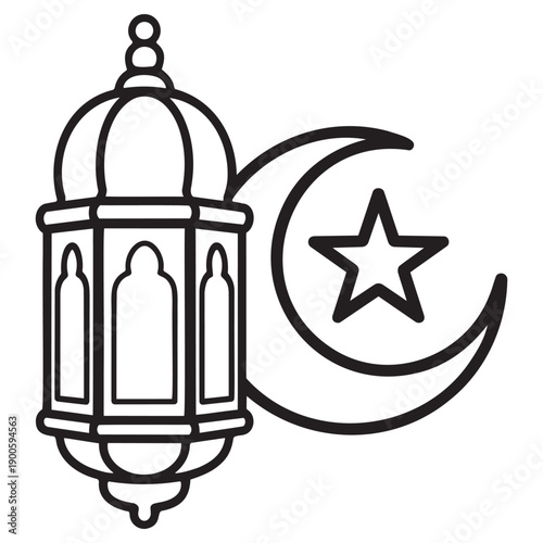 Black line of a lantern and crescent moon with star black line Islamic symbol Ramadan