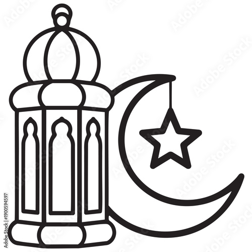 Black line of a lantern and crescent moon with star line black and white Islamic symbol