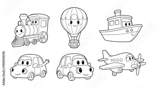 Whimsical Transport Collection: A delightful ensemble of charming vehicles, ready for adventures, with endearing faces.