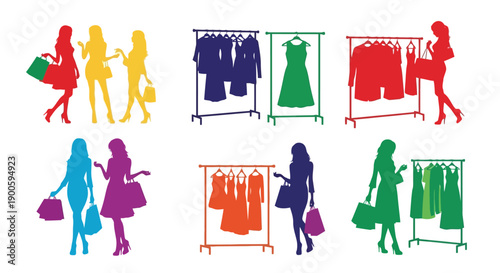 Colorful silhouettes of shoppers clothing racks and fashion items