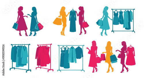 Colorful silhouettes of women shopping and clothing racks on display