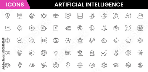 Artificial intelligence set of web icons in line style. AI technology icons for web and mobile apps. Machine learning, algorithm, smart robotics, cloud computing network Vector illustration