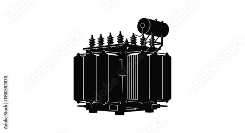 Silhouetted electrical transformer against a stark white background
