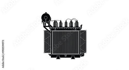 Black and white illustration of a large electrical power transformer