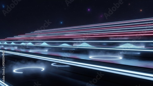 Futuristic high-speed transportation corridor illuminated with neon lights under a starry night sky