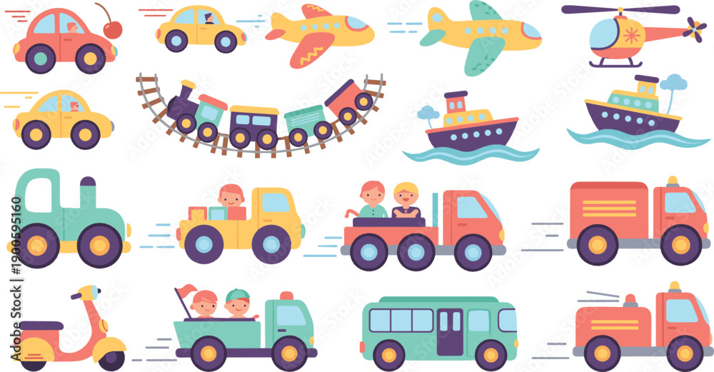 Fototapeta premium Cute Kawaii Transportation Illustration Set with Cars, Train, Airplane, Helicopter, Ships, Buses, and Smiling Vehicles for Kids Designs