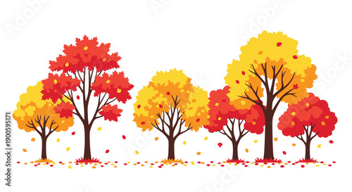 A collection of colorful autumn trees with falling leaves