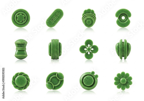 Collection of green, decorative, artistic, functional objects with varied geometric patterns