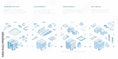 Isometric illustrations of various objects including buildings furniture and electronics