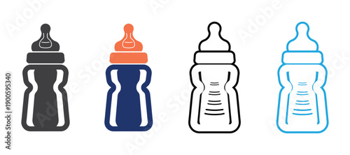 Baby feeding bottle icon set, Milk bottle symbol, flat and outline style, on white background.