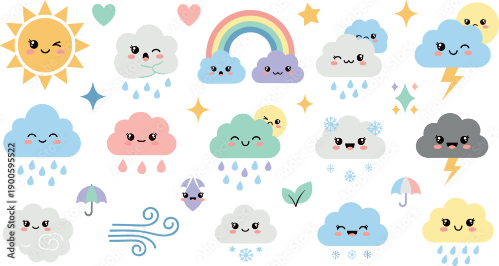 Fototapeta premium Cute Kawaii Weather Icons Set with Smiling Clouds, Sun, Rainbow, Rain, Wind, Thunder, and Pastel Cartoon Elements for Kids Designs